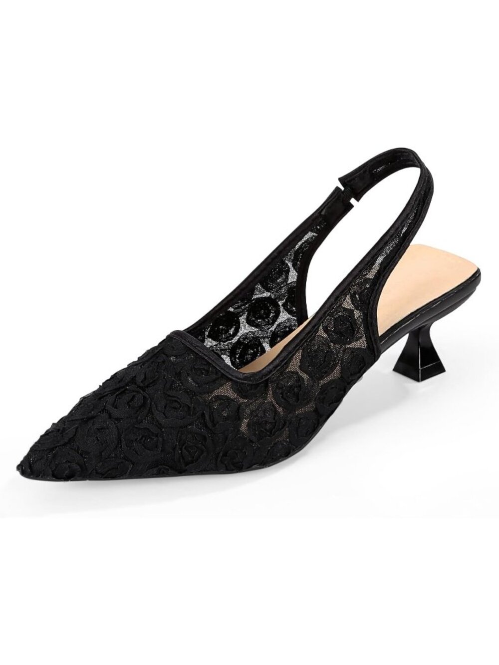 Women's Black Pointed Toe Floral Mesh Slingback Low Heel Formal Lace Kitten Heel